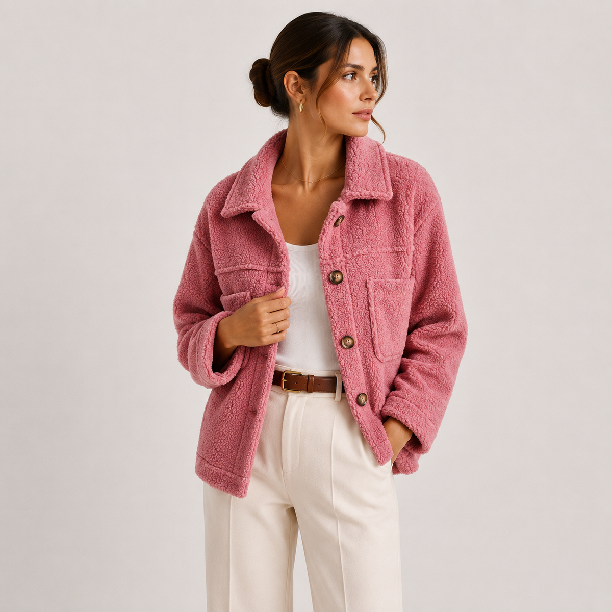 Cropped Sherpa Shacket Women — Teddy Texture Chest Pockets 4