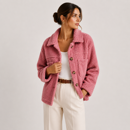 Cropped Sherpa Shacket Women — Teddy Texture Chest Pockets 4