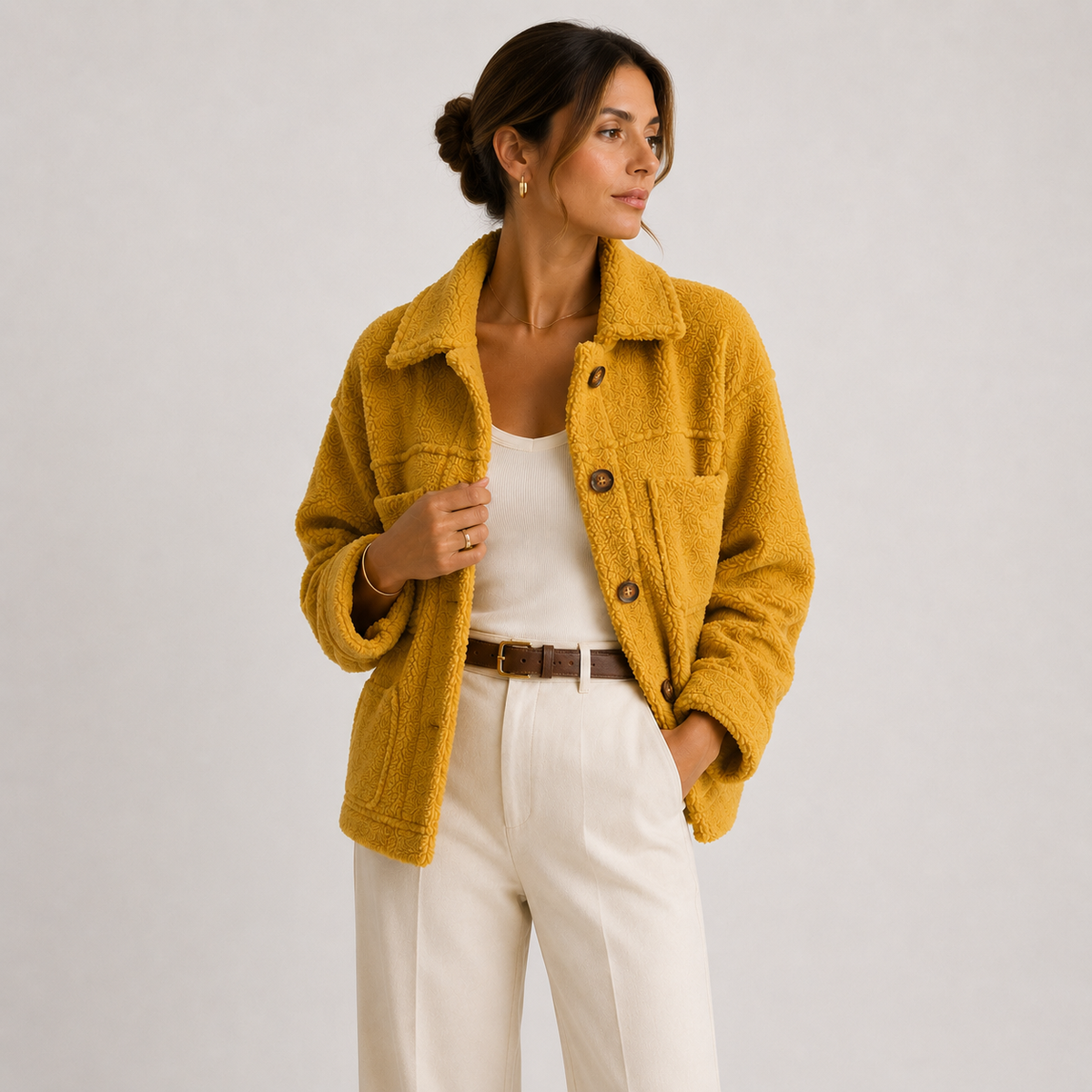 Cropped Sherpa Shacket Women — Teddy Texture Chest Pockets 5