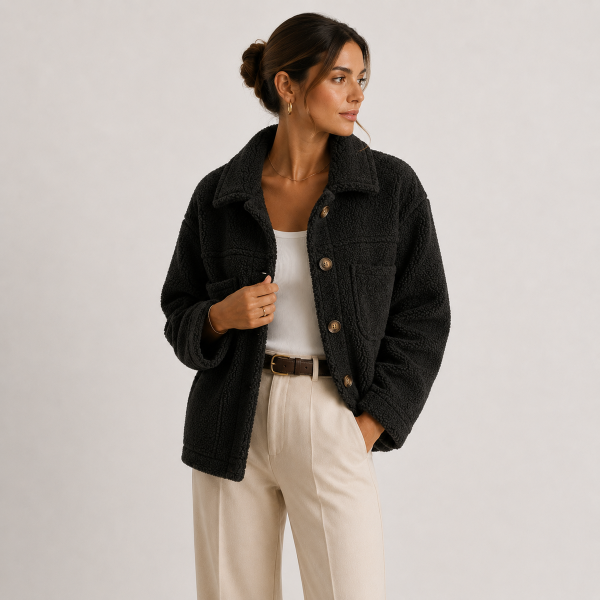 Cropped Sherpa Shacket Women — Teddy Texture Chest Pockets 6