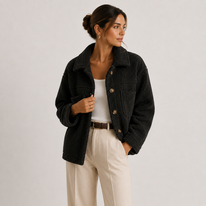 Cropped Sherpa Shacket Women — Teddy Texture Chest Pockets 6