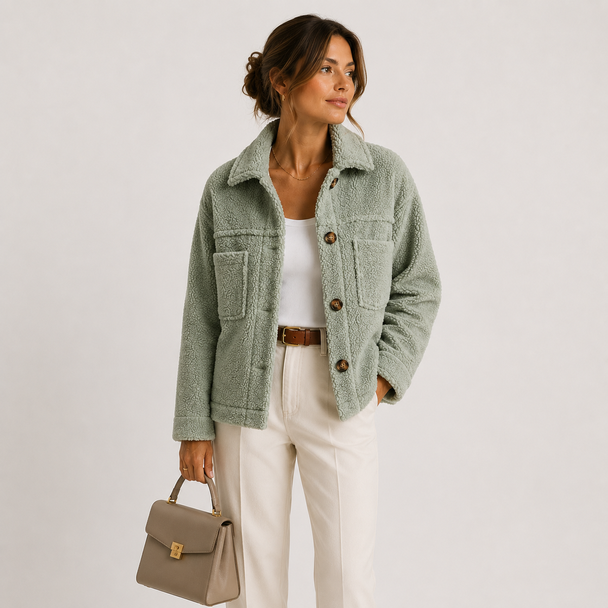 Cropped Sherpa Shacket Women — Teddy Texture Chest Pockets 1