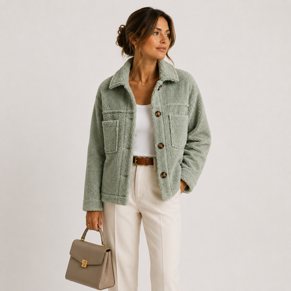 Cropped Sherpa Shacket Women — Teddy Texture Chest Pockets 1