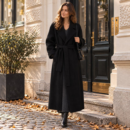 Damenmantel mit Gürtel — Longline Wintermantel Elegant – Schwarz