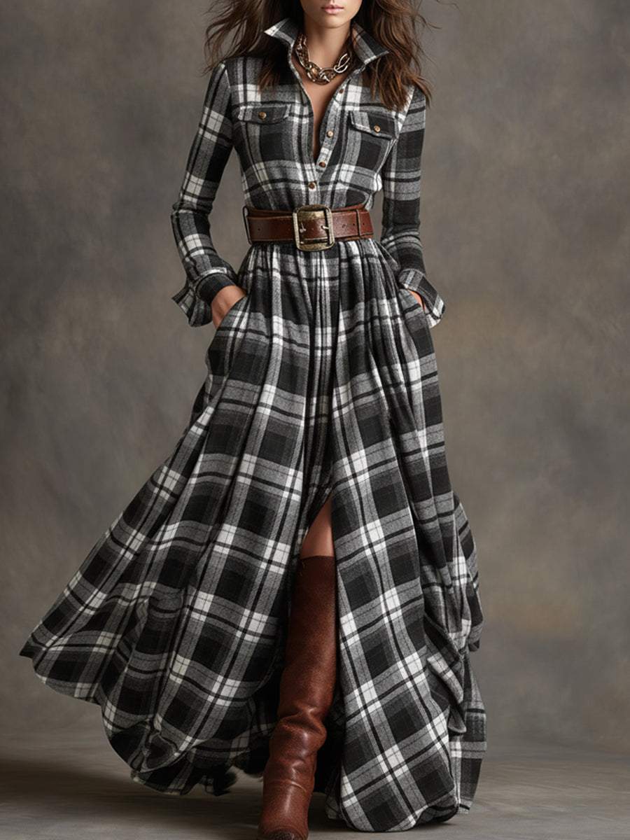 Plaid Long Sleeve Maxi Dress — Shirt Collar Button-Down 8