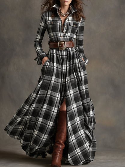 Plaid Long Sleeve Maxi Dress — Shirt Collar Button-Down 8