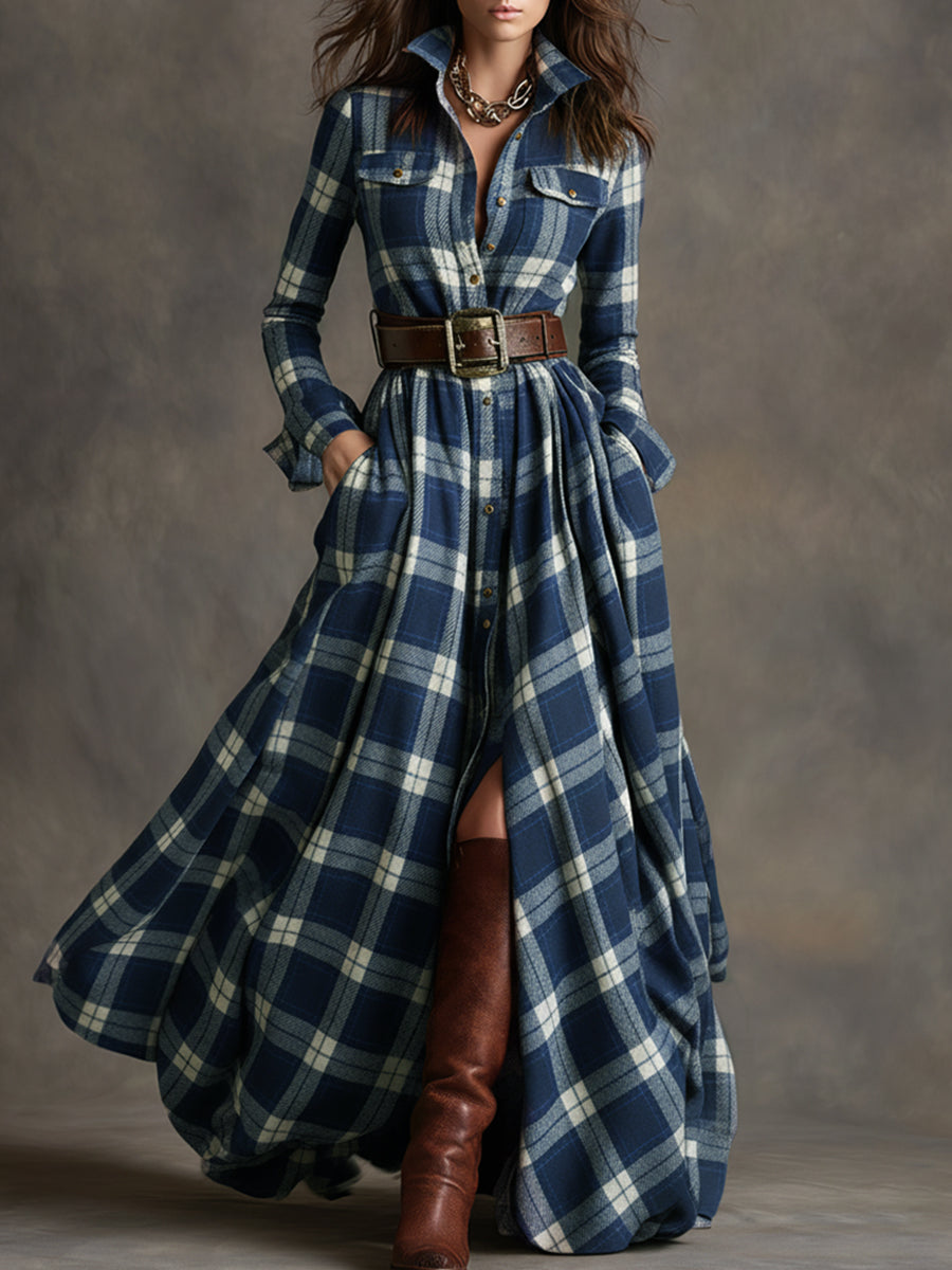 Plaid Long Sleeve Maxi Dress — Shirt Collar Button-Down 7