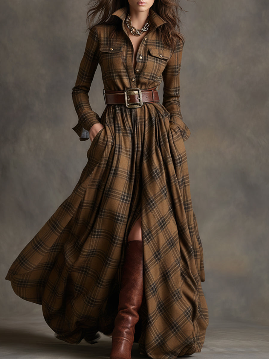 Plaid Long Sleeve Maxi Dress — Shirt Collar Button-Down 6