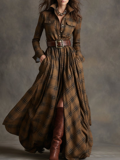Plaid Long Sleeve Maxi Dress — Shirt Collar Button-Down 6