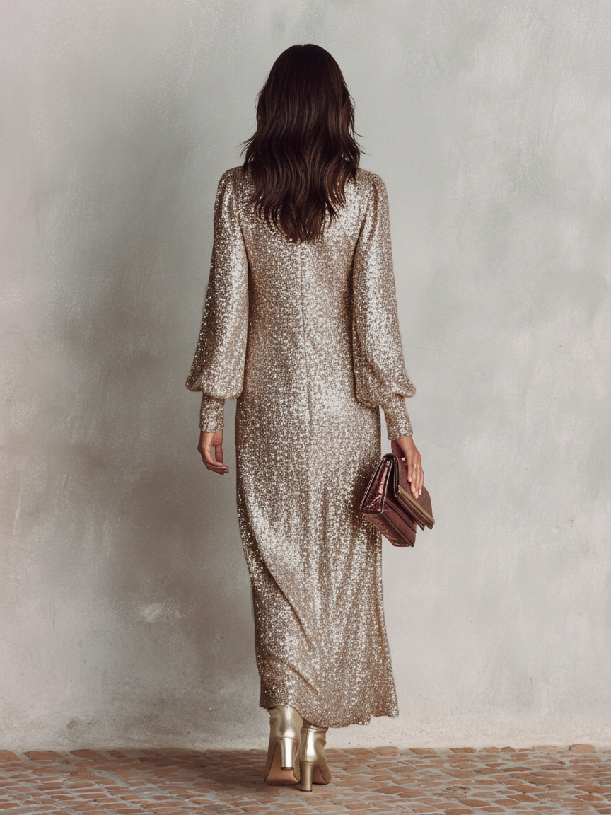 Shimmering Maxi Party Dress V-Neck — Loose Fit Evening Gown 6