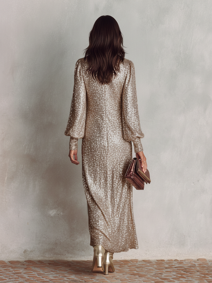 Shimmering Maxi Party Dress V-Neck — Loose Fit Evening Gown 6