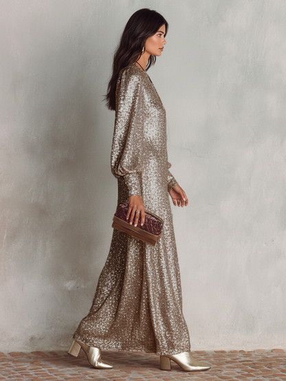 Shimmering Maxi Party Dress V-Neck — Loose Fit Evening Gown 5