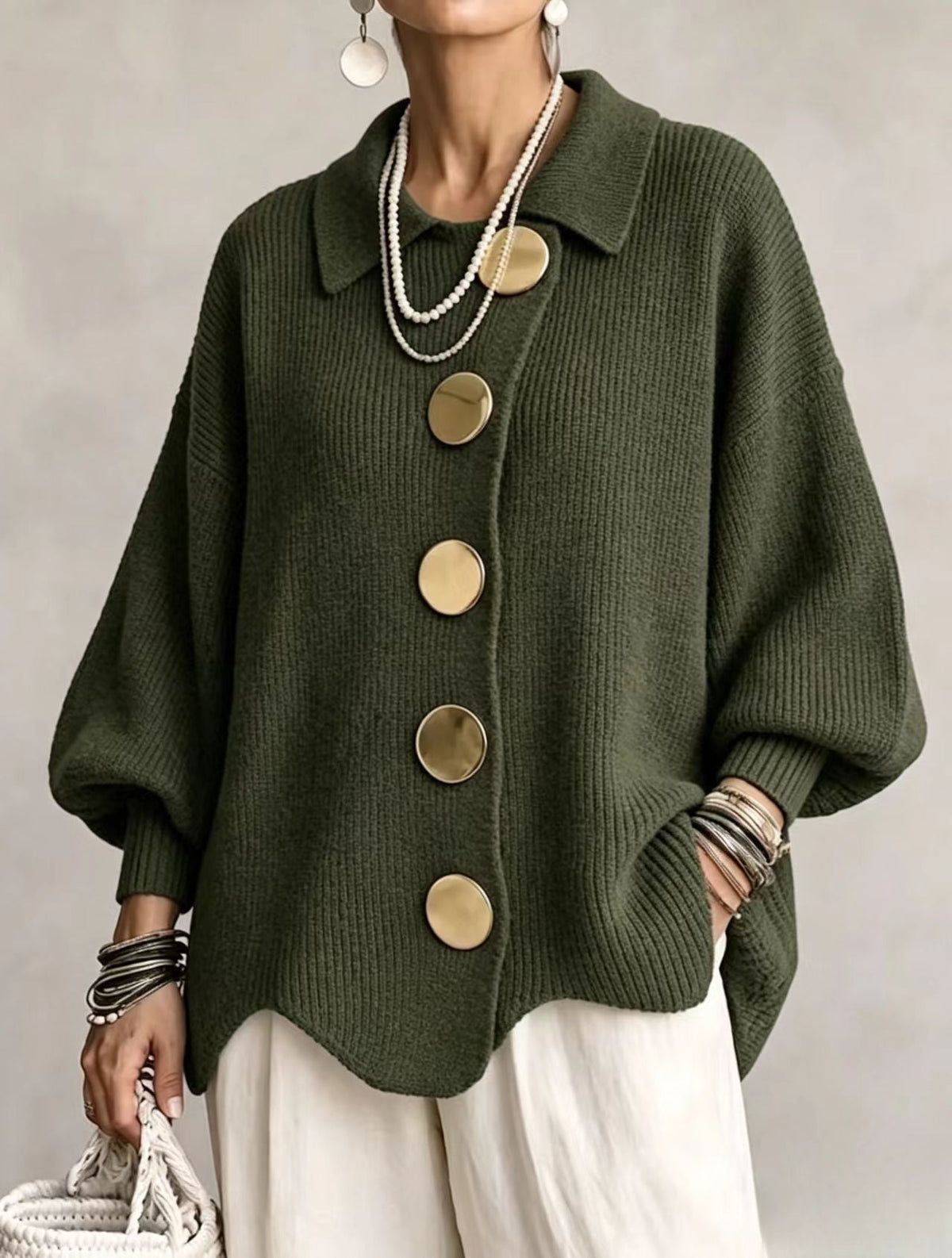 Kaelinae Oversized Cardigan Women — Heavyweight Knit Gold Buttons 10