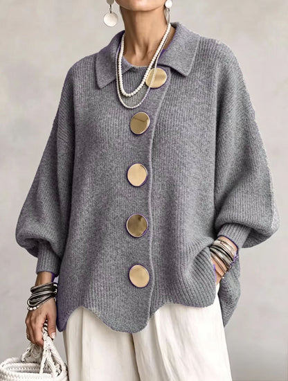 Kaelinae Oversized Cardigan Women — Heavyweight Knit Gold Buttons 8