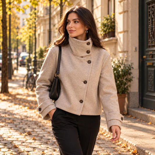 Damen Kurzmantel in Woll-Optik mit Stehkragen und Knopfleiste in Beige