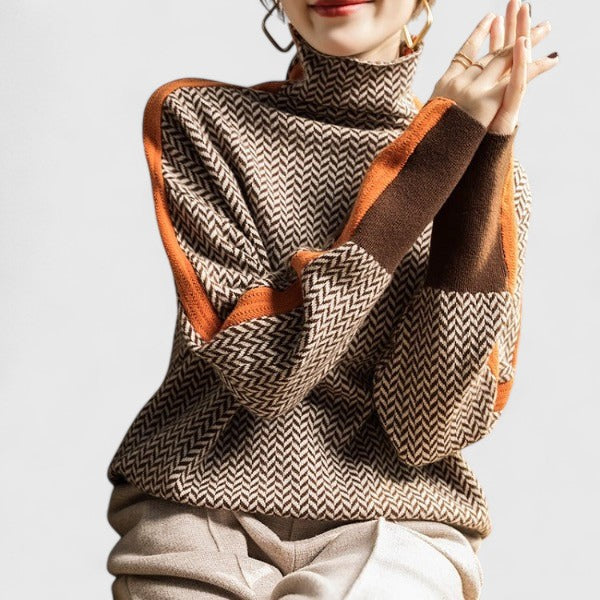 Amara Women's Knit Sweater — Contrast Stripe High Neck 4