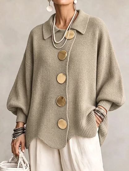 Kaelinae Oversized Cardigan Women — Heavyweight Knit Gold Buttons 6