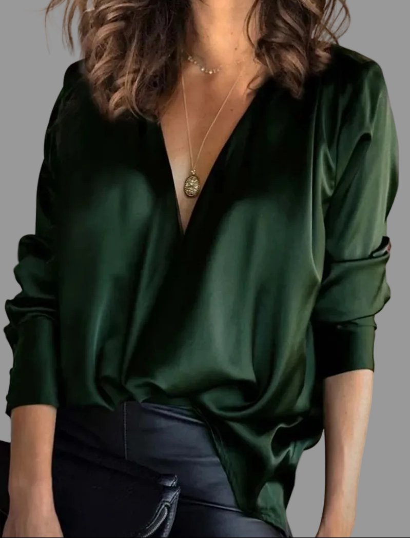 Satin Draped Evening Blouse Women — V-Neck Long Sleeve 1