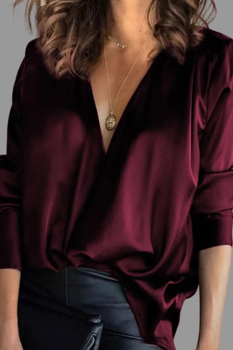 Satin Draped Evening Blouse Women — V-Neck Long Sleeve 2