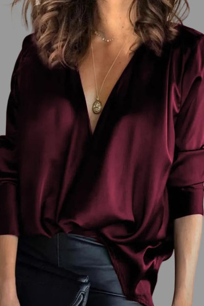 Satin Draped Evening Blouse Women — V-Neck Long Sleeve 2