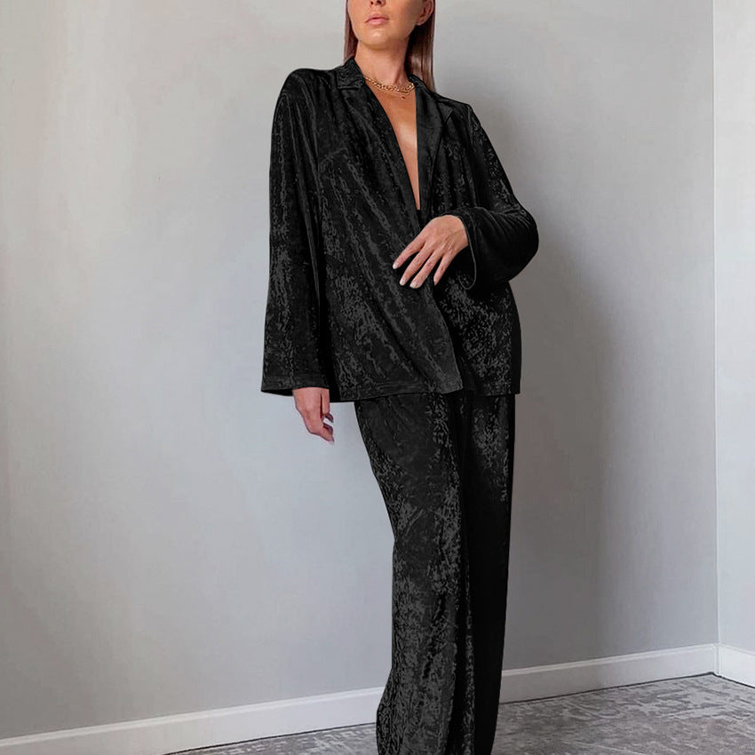 Women's Velvet Pajama Set — Soft Warm Lapel Shirt & Wide Leg Pants 8