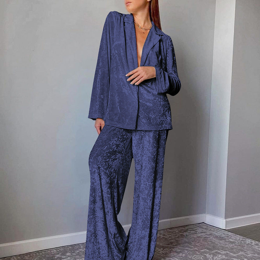 Women's Velvet Pajama Set — Soft Warm Lapel Shirt & Wide Leg Pants 5