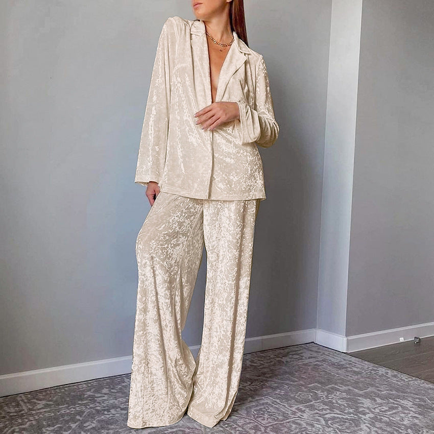 Women's Velvet Pajama Set — Soft Warm Lapel Shirt & Wide Leg Pants 1