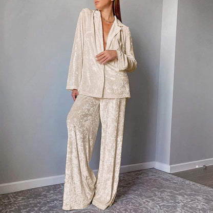 Women's Velvet Pajama Set — Soft Warm Lapel Shirt & Wide Leg Pants 1