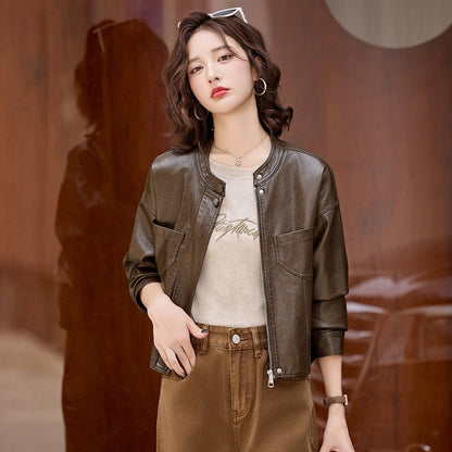 Stehkragen Kunstleder Jacke Damen – Ansicht 3