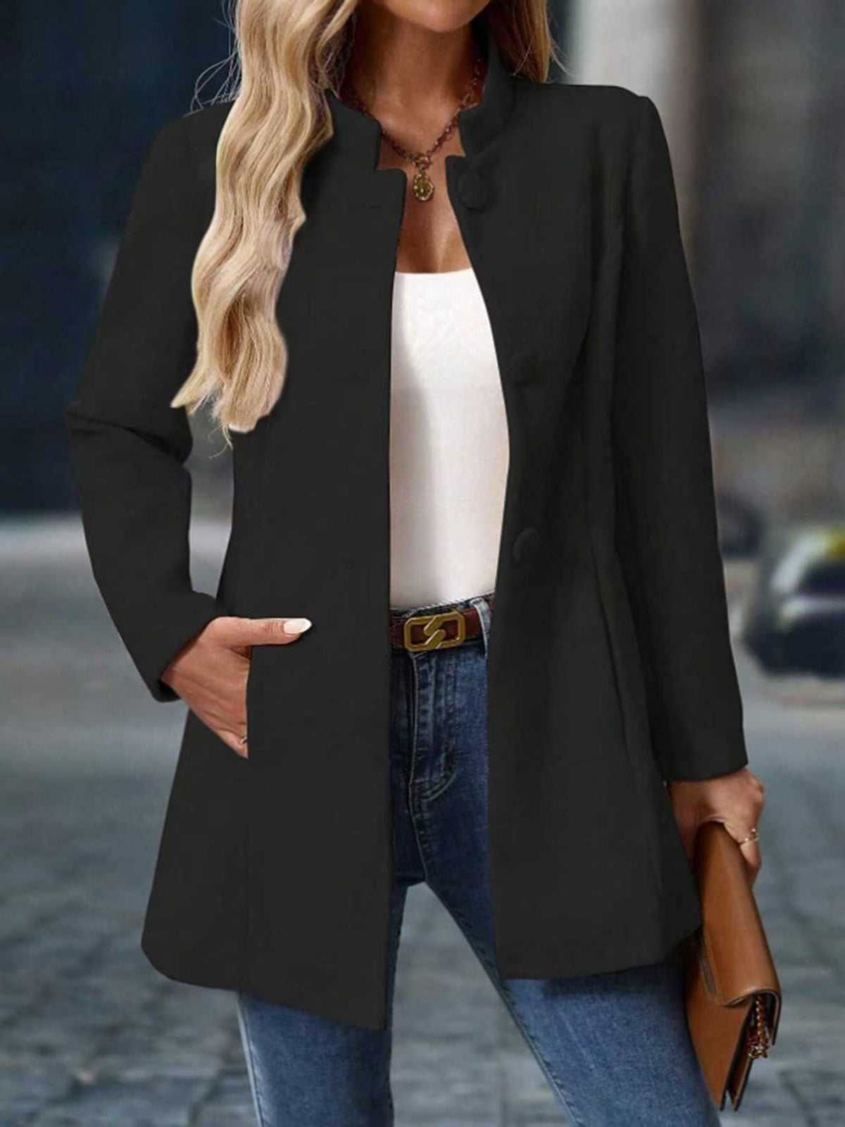 Damen Langer Mantel mit Stehkragen und Taschen in Schwarz