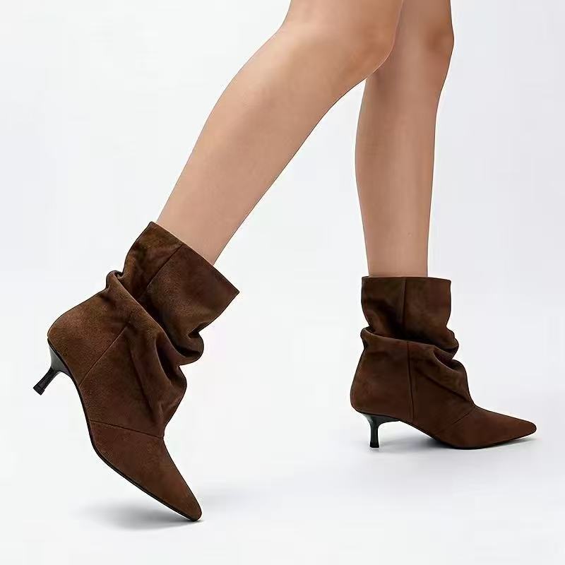 Women's Faux Suede Ankle Boots — Slouchy Shaft Pointed Toe Kitten Heel 1