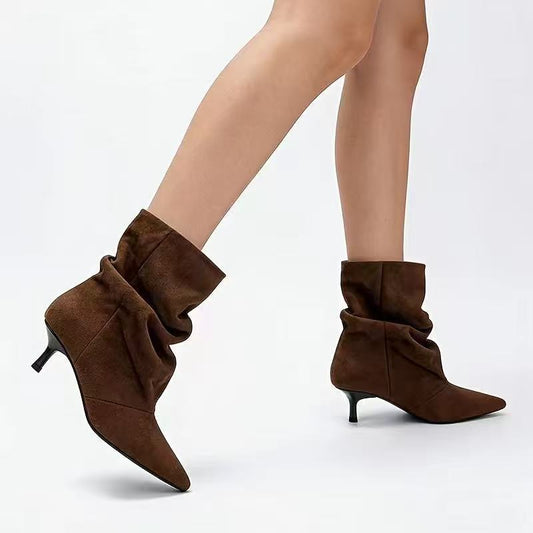 Women's Faux Suede Ankle Boots — Slouchy Shaft Pointed Toe Kitten Heel 1