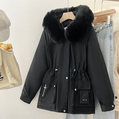 Damen Steppjacke Parka mit Kunstfellkapuze & taillierter Passform in Schwarz