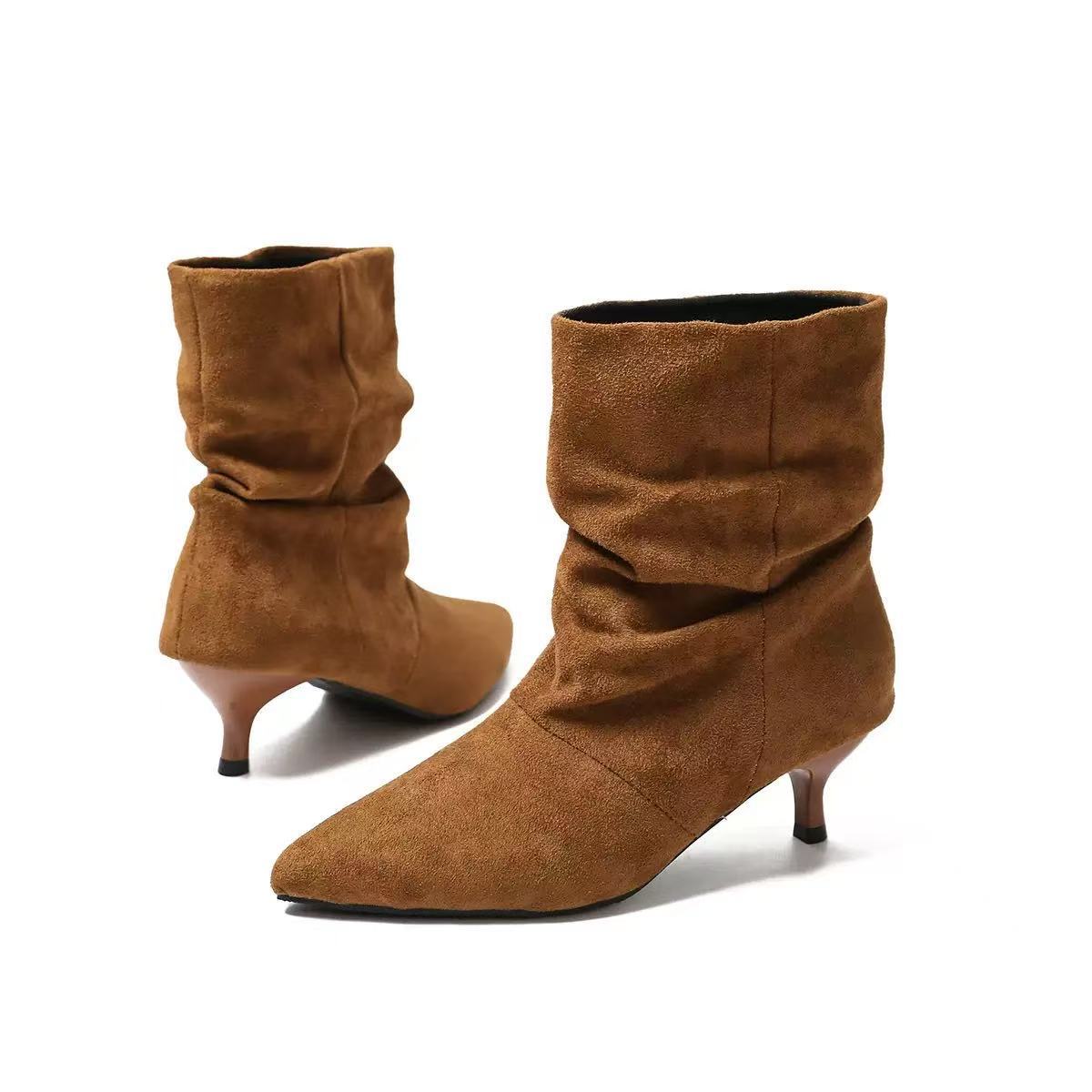 Women's Faux Suede Ankle Boots — Slouchy Shaft Pointed Toe Kitten Heel 4