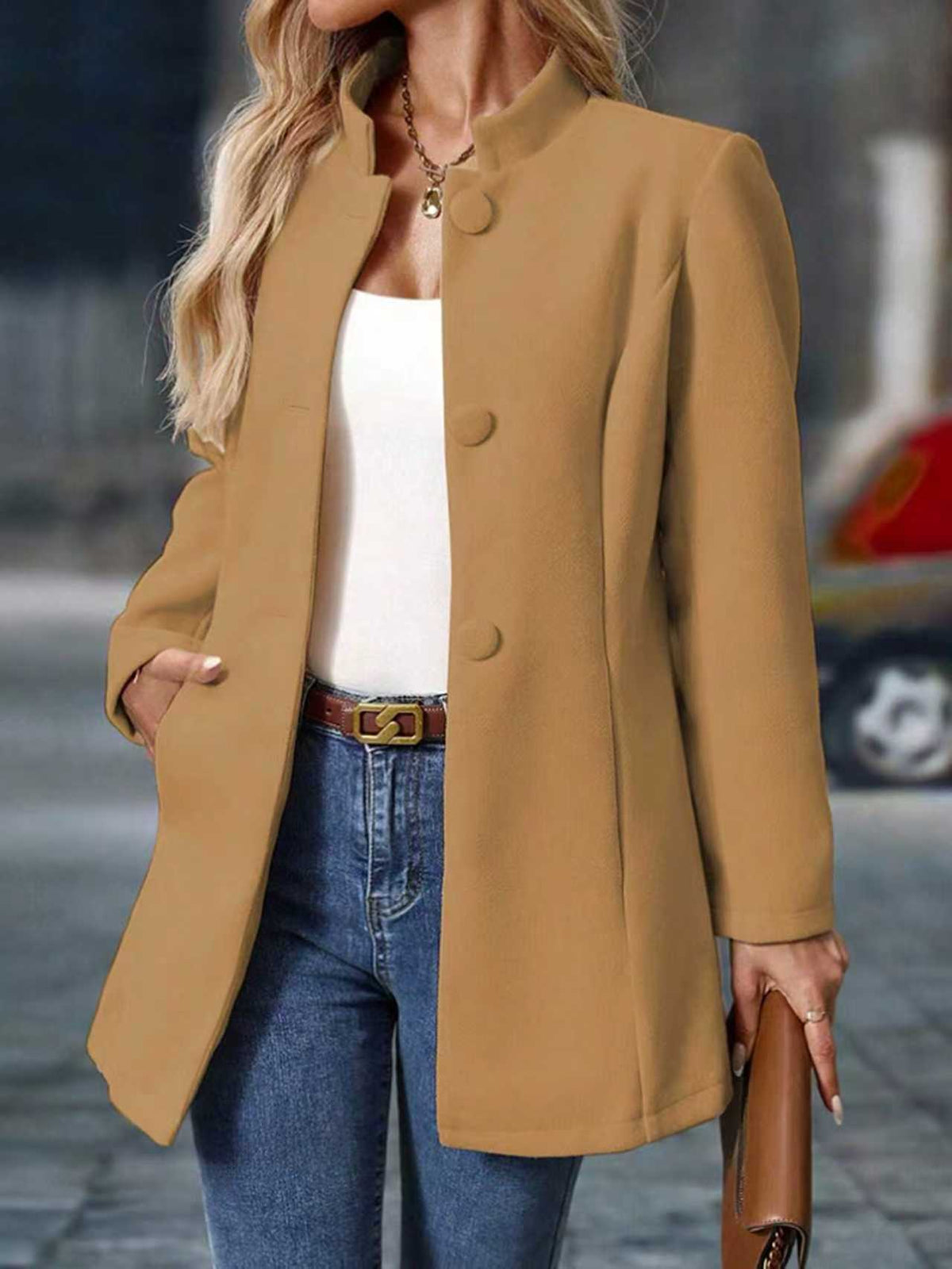 Damen Langer Mantel mit Stehkragen und Taschen in Tan