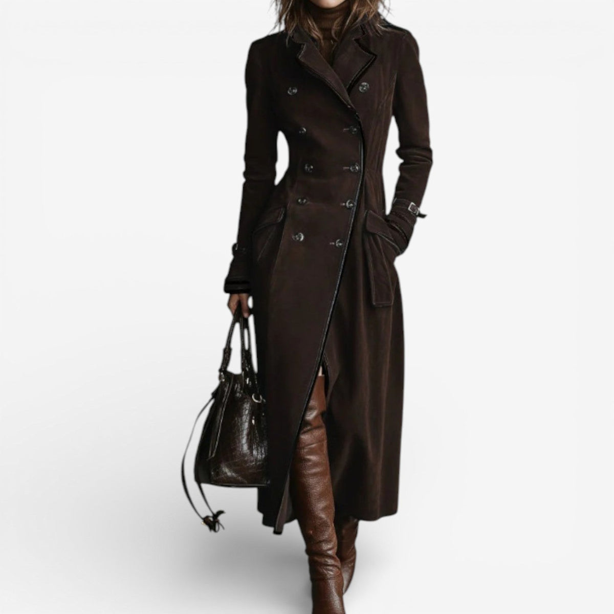 Long Women's Suede Trench Coat — Double-Breasted Elegant Fit 3