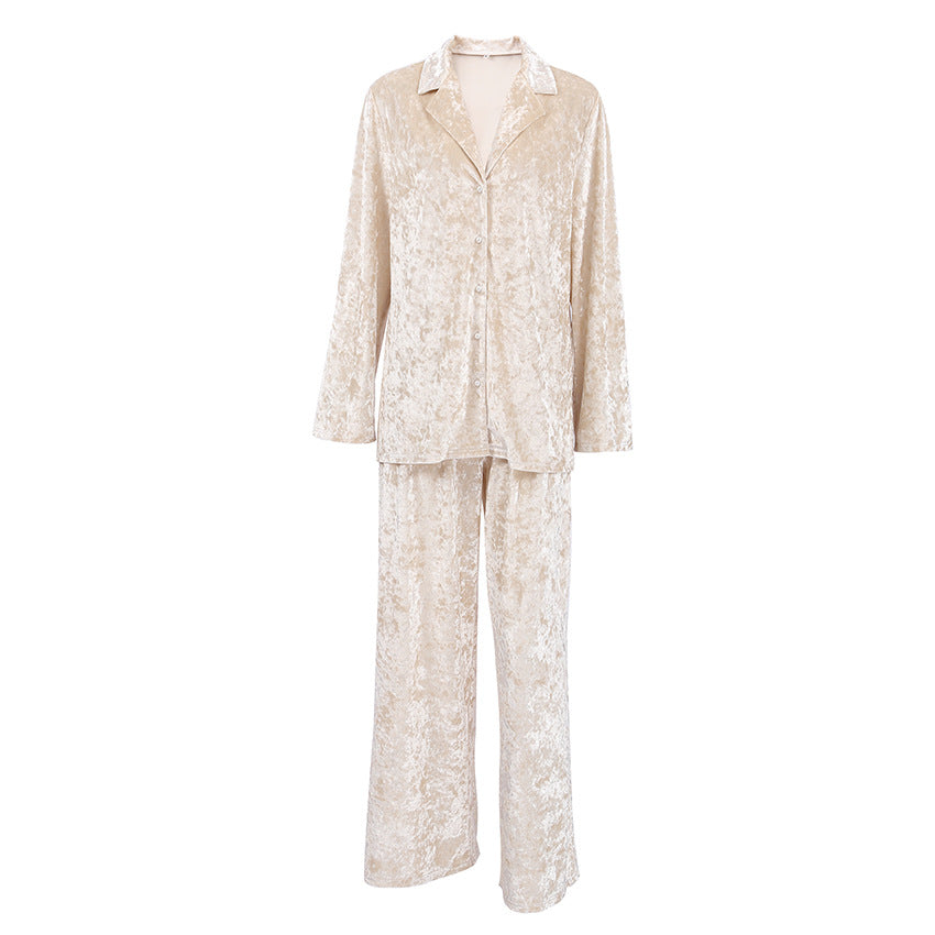 Women's Velvet Pajama Set — Soft Warm Lapel Shirt & Wide Leg Pants 2