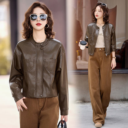 Stehkragen Kunstleder Jacke Damen in Braun