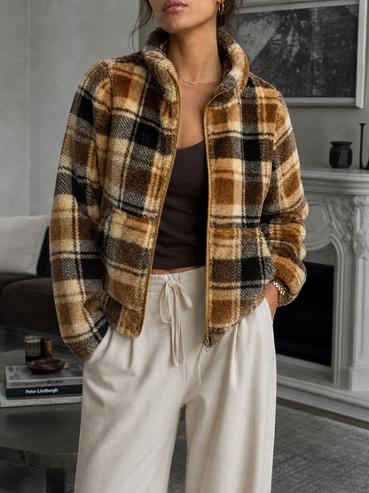 Women's Plaid Sherpa Fleece Jacket — Short Stand Collar Zip 3