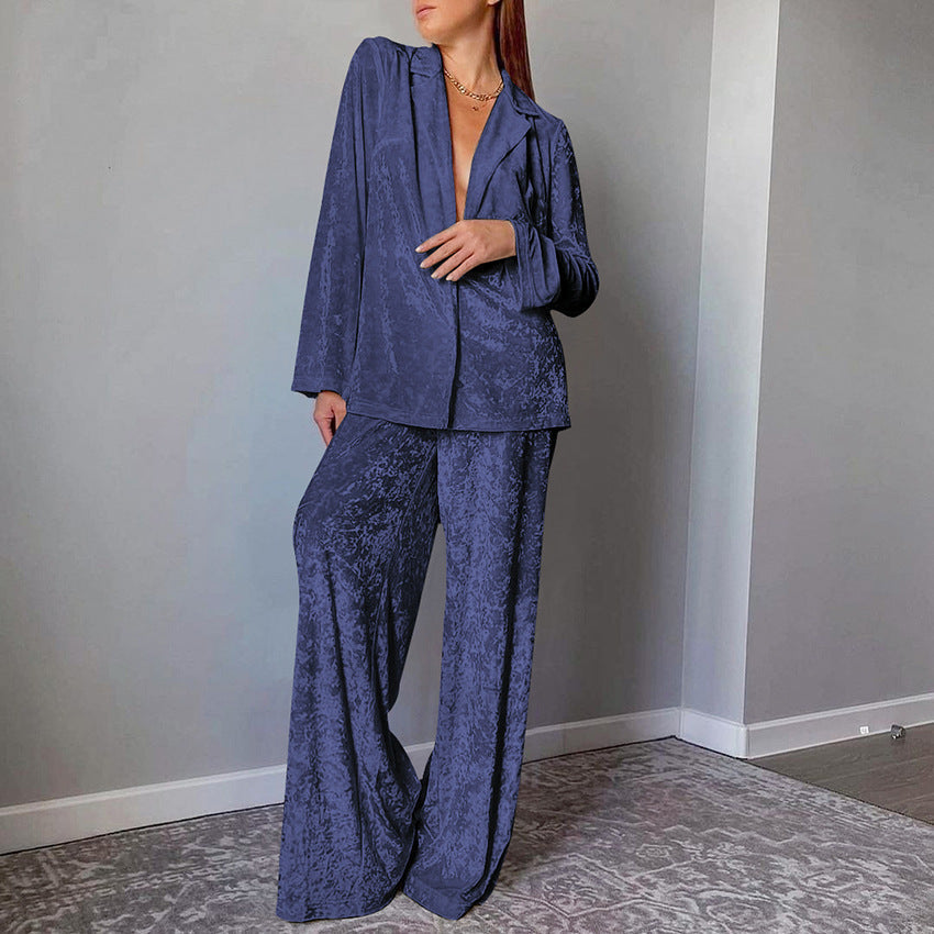 Women's Velvet Pajama Set — Soft Warm Lapel Shirt & Wide Leg Pants 4