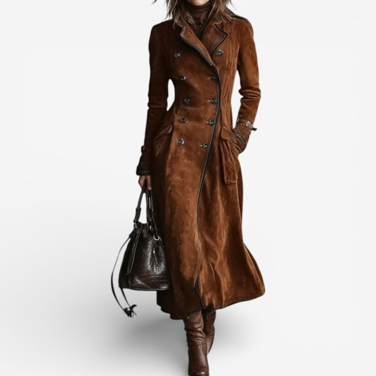 Long Women's Suede Trench Coat — Double-Breasted Elegant Fit 1