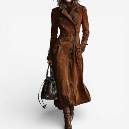Long Women's Suede Trench Coat — Double-Breasted Elegant Fit 1