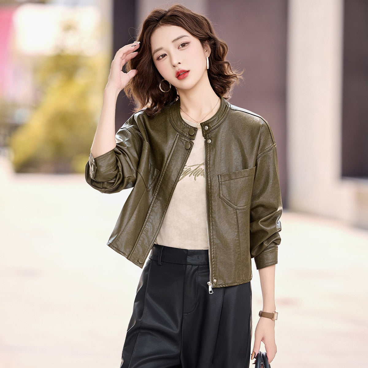 Stehkragen Kunstleder Jacke Damen