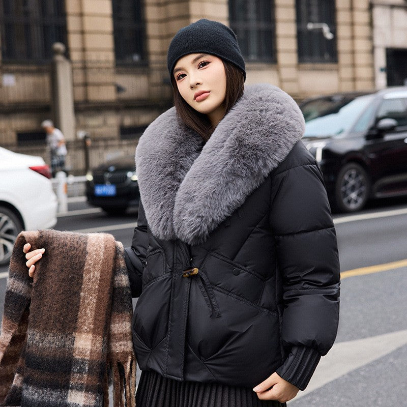 Chenille Steppjacke mit abnehmbarem Kunstfellkragen in Schwarz