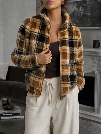 Women's Plaid Sherpa Fleece Jacket — Short Stand Collar Zip 4