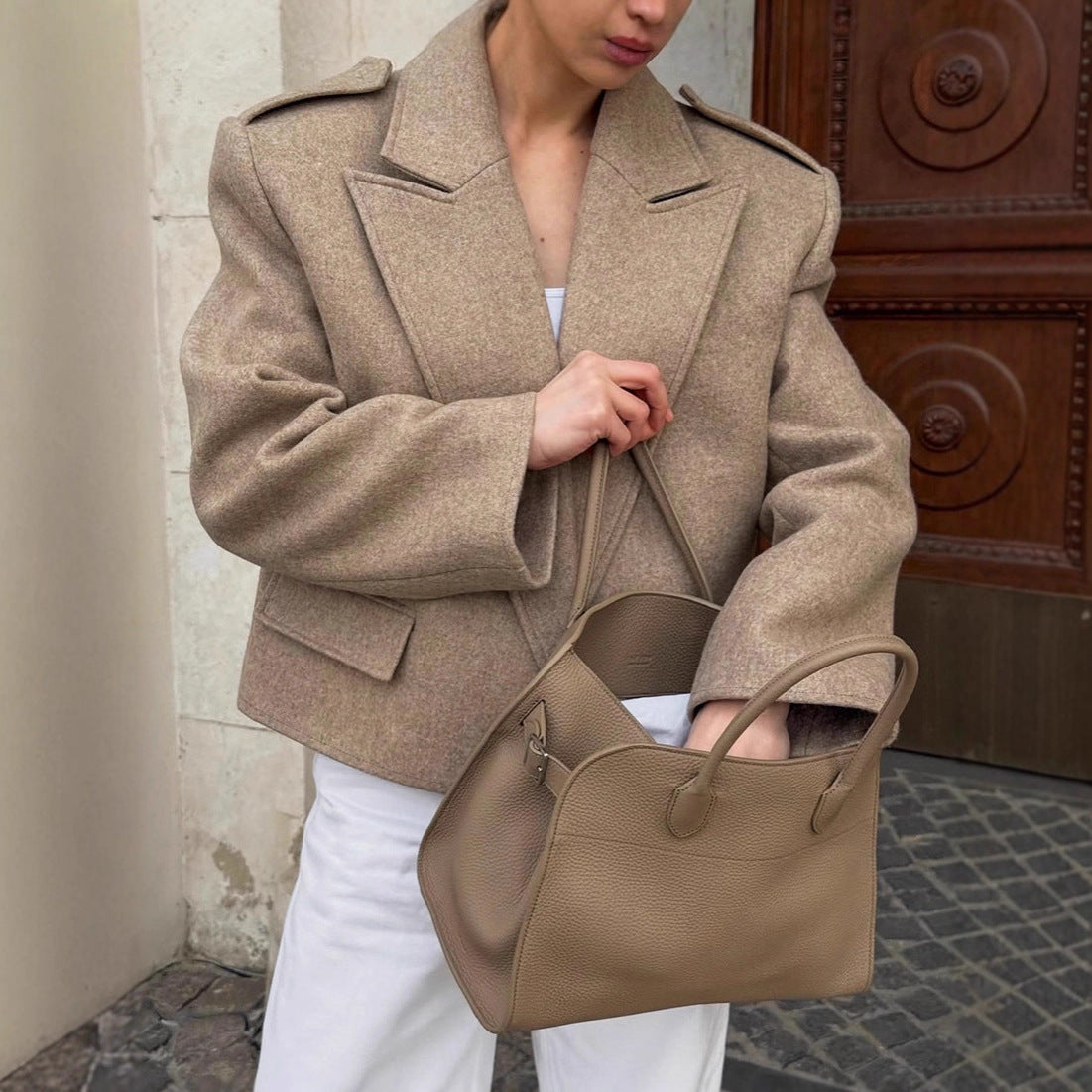 Bouclé Tweed Blazer Damen mit Schulterpolster in Braun