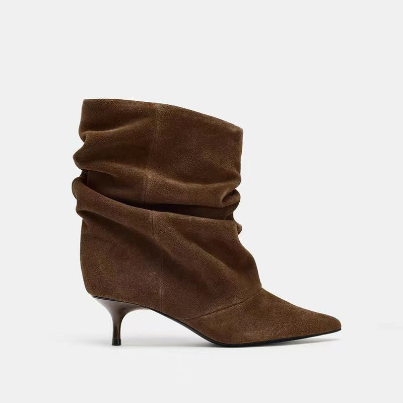 Women's Faux Suede Ankle Boots — Slouchy Shaft Pointed Toe Kitten Heel 2