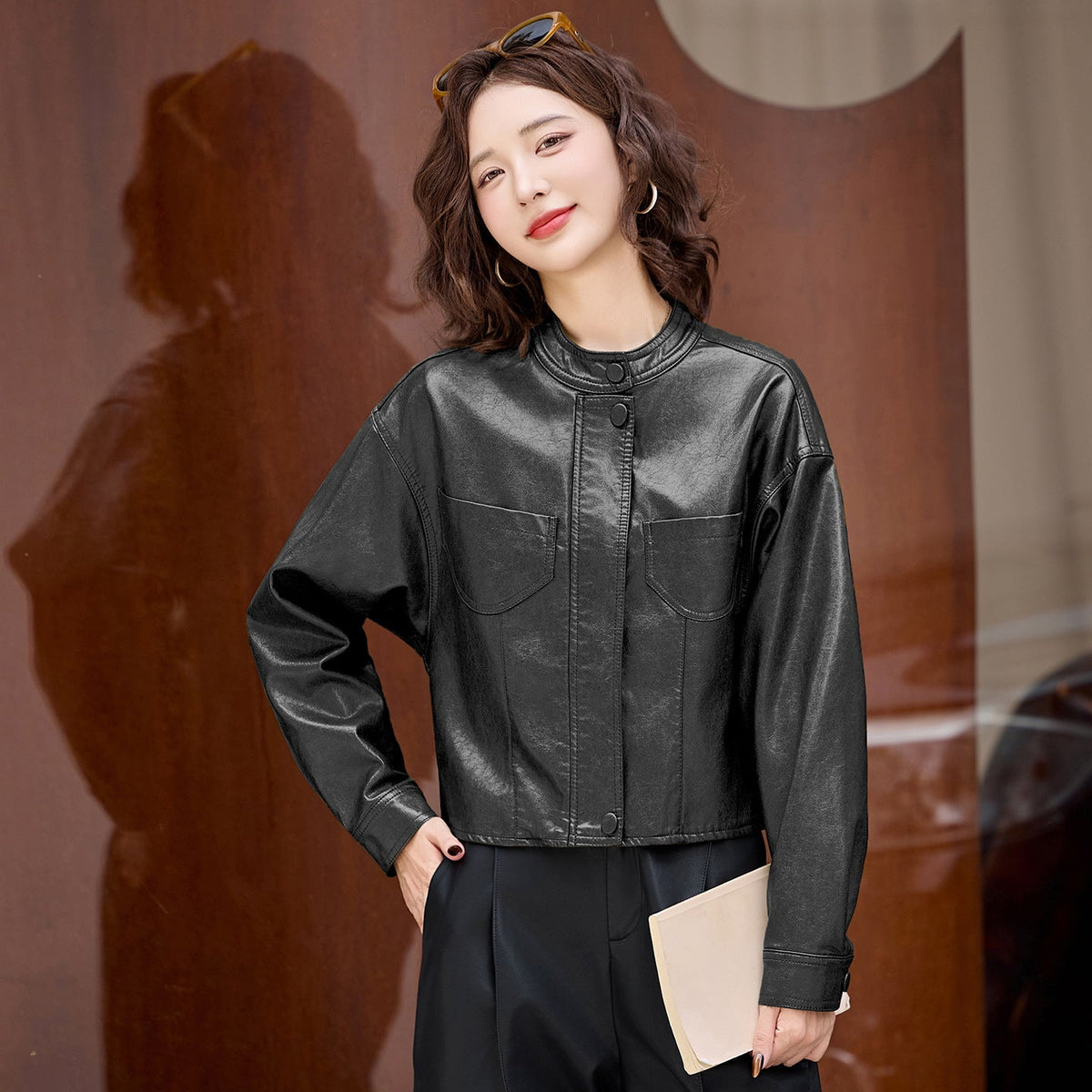 Stehkragen Kunstleder Jacke Damen – Ansicht 2