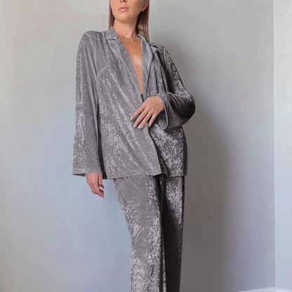 Women's Velvet Pajama Set — Soft Warm Lapel Shirt & Wide Leg Pants 3