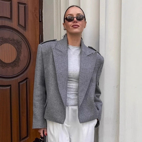 Bouclé Tweed Blazer Damen mit Schulterpolster in Grau